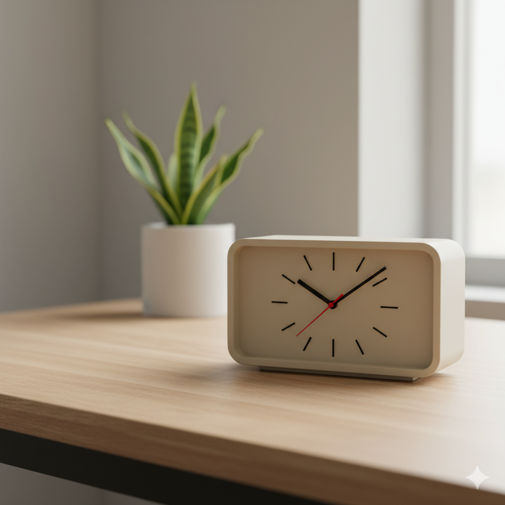 Photo de l'horloge de bureau Mid-Century Modern imprimée en 3D, finie, posée sur un bureau en bois clair.