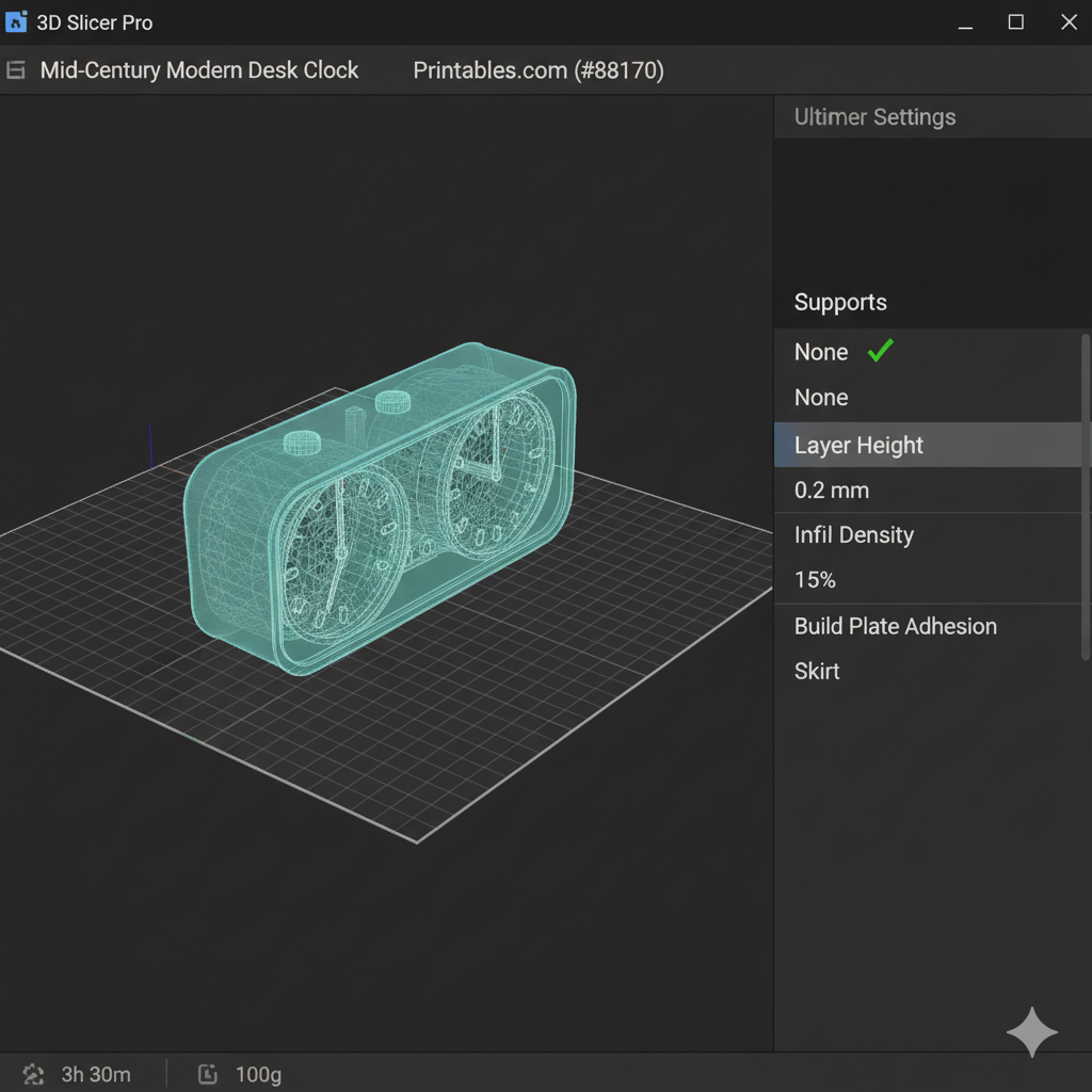 Capture d'écran du slicer montrant le fichier STL de l'horloge Mid-Century Modern prête à être imprimée.