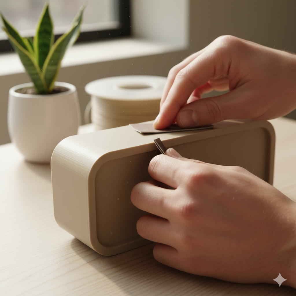 Vue rapprochée d'une main ponçant délicatement la surface d'une pièce d'horloge imprimée en 3D avec du papier de verre fin.